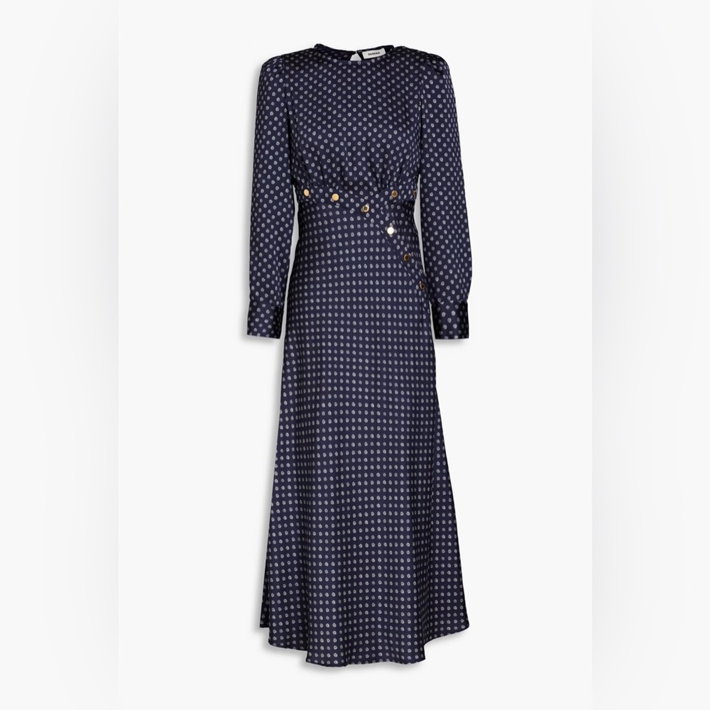 SANDRO Button-embellished printed silk-twill midi dress